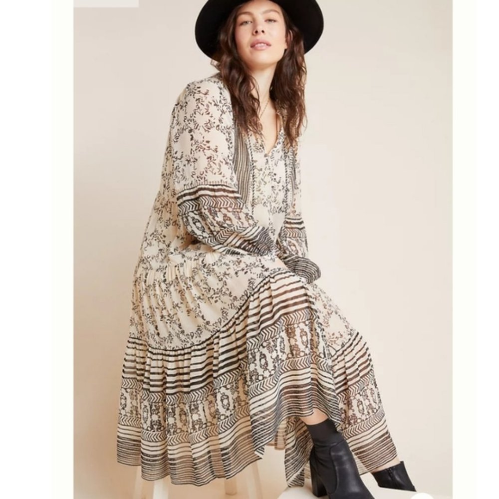 ANTHROPOLOGIE Talulah Tiered Boho Midi Dress Cream & Black Print L